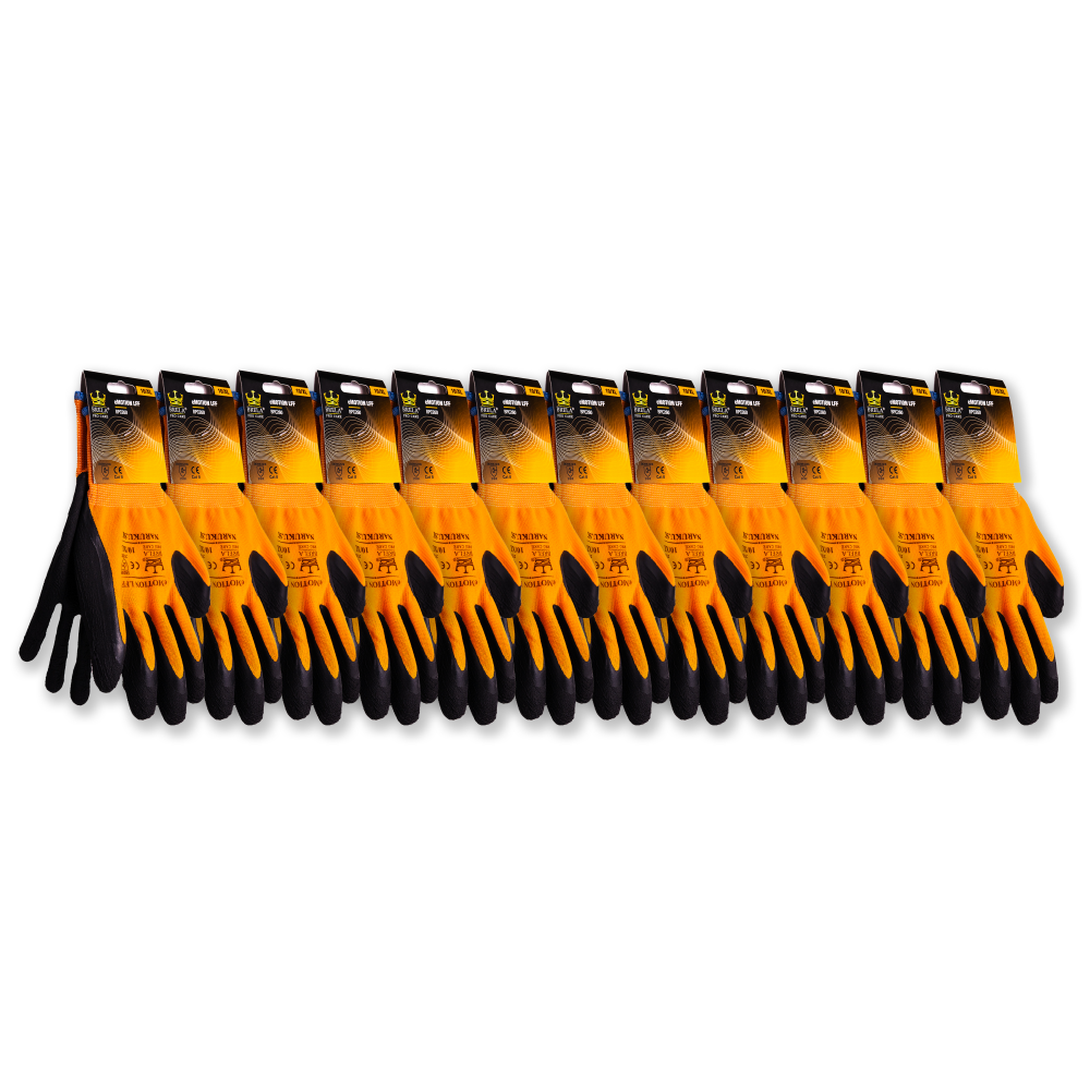 Oranžové pracovné rukavice, elastický úplet máčaný v latexovej pene LFF veľkosť 10/XL