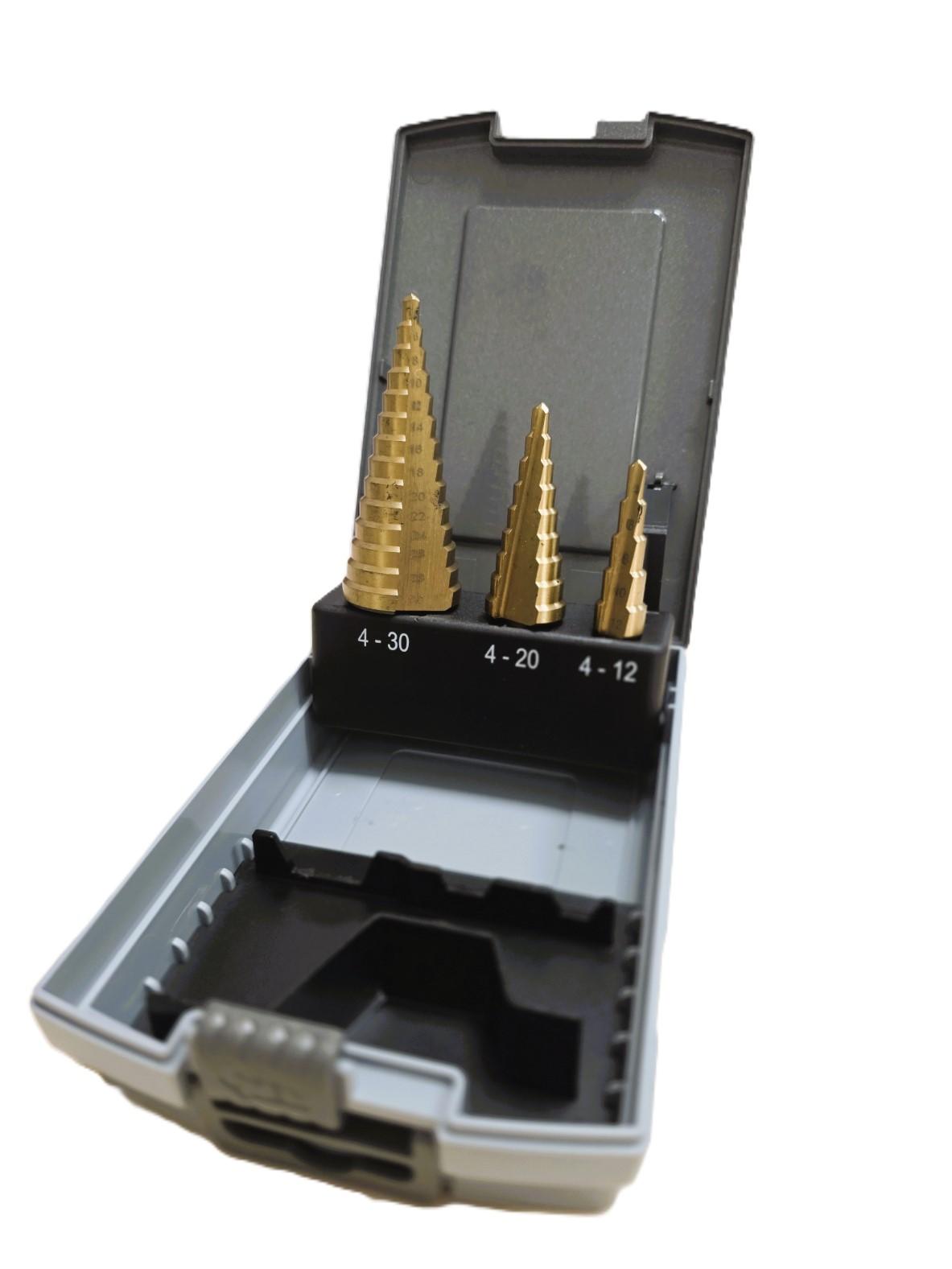 Stupňovitý vrták HSS sada 3 diel. rozsah 4 - 30 mm v plastovom boxe