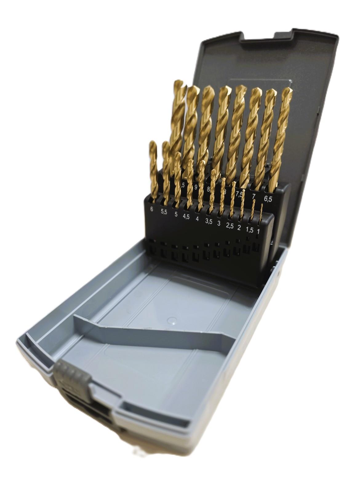 Špirálový vrták HSS-TIN DIN 338 Titan brúsený v plastovom RoseBoxe 19dielna sada (1,0-10,0x0,5mm)